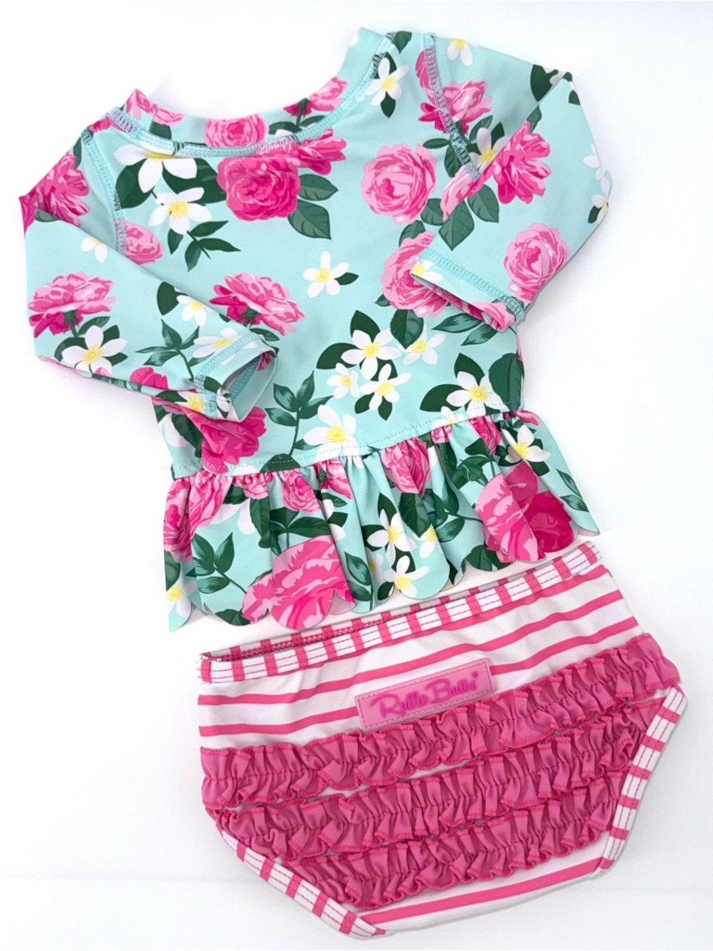 Ruffle Butts Mint Floral Ruffle Baby Girl 2 pc  Swim Set with Pink Roses - Picture 2 of 3